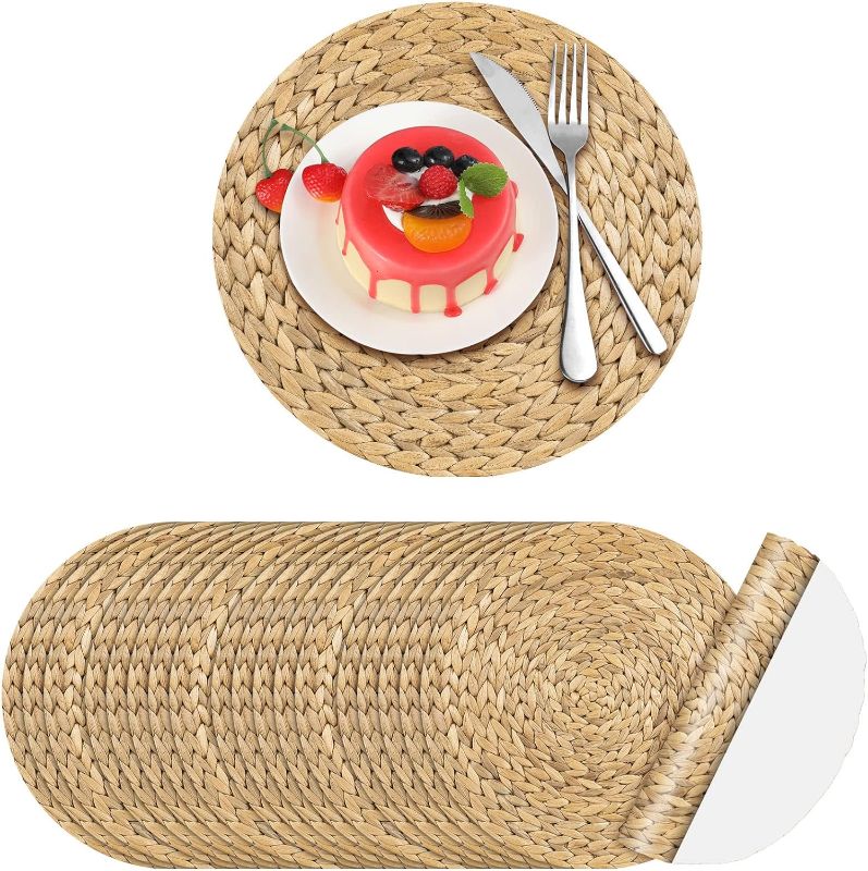 Photo 1 of 100 Pcs Disposable Woven Paper Placemats Bulk 11 Inch Round Wicker Printed Chargers Place Mat Farmhouse Disposable Placemats Braided Rattan Tablemats for Wedding Dinner Party (Light Brown)