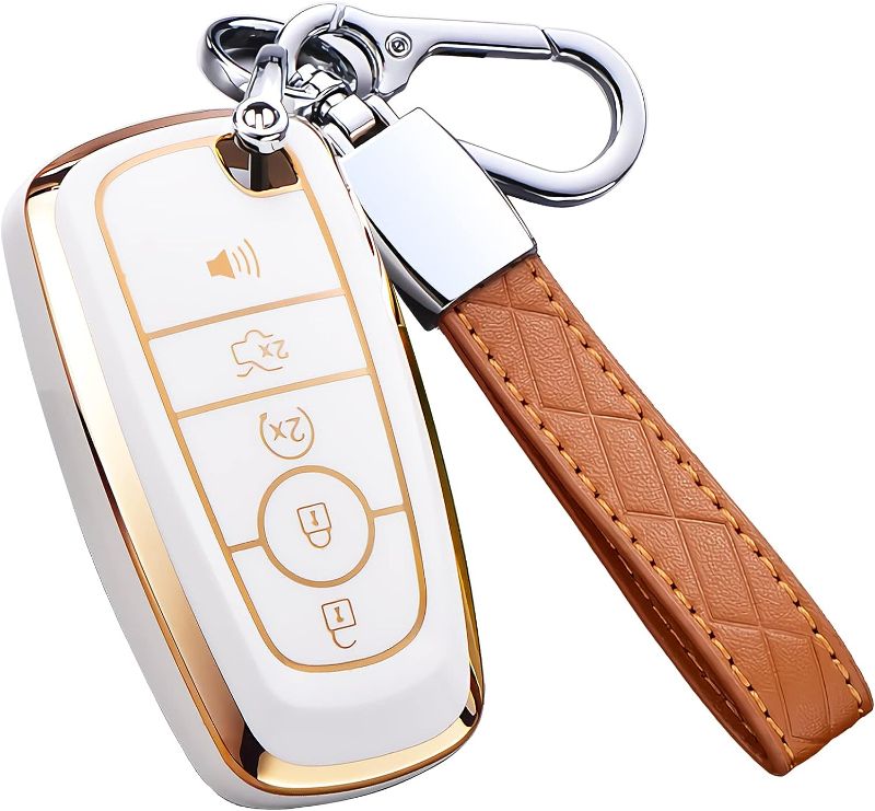 Photo 1 of for Ford Key Fob Cover, for Explorer Bronco Escape Edge Expedition Mustang F150 Fusion Ranger Lincoln Premium Soft TPU Full Protection Key Case Remote Key Holder (Size B-Ivory)