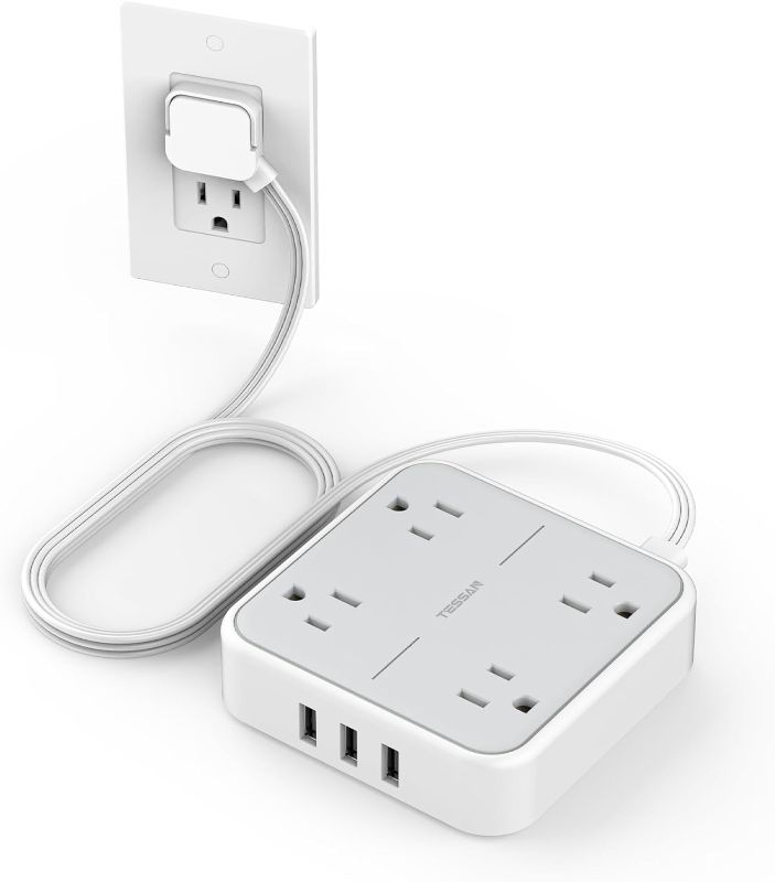 Photo 1 of Flat Plug Surge Protector Power Strip, TESSAN 5 ft Extension Cord with 4 Outlets and 3 USB Ports, Indoor Desk Charging Station, Mountable Compact for Travel, Office, School, Dorm Room Essentials