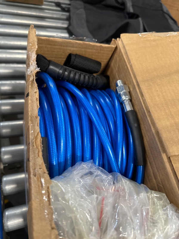 Photo 2 of 100 FT Sewer Jetter Kit for Pressure Washer, 5800PSI Water Jet Drain Cleaner Hose, 1/4 Inch NPT Corner with 4 Sewer Jetting Nozzles, Pearl Corsage Pin, Waterproof Tape, Handle Strap&2 Spanner (Blue)