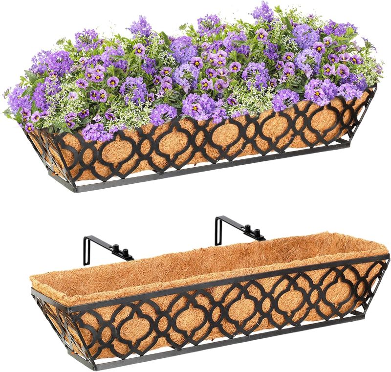 Photo 1 of 2pcs 24 Inch Window Deck with Coco Liner, 24" Window Boxes Horse Trough with Coconut Coir Liner,Metal Hanging Flower Planter Window Basket Deck Railing Planter Boxes for Outdoor Indoor Lawn