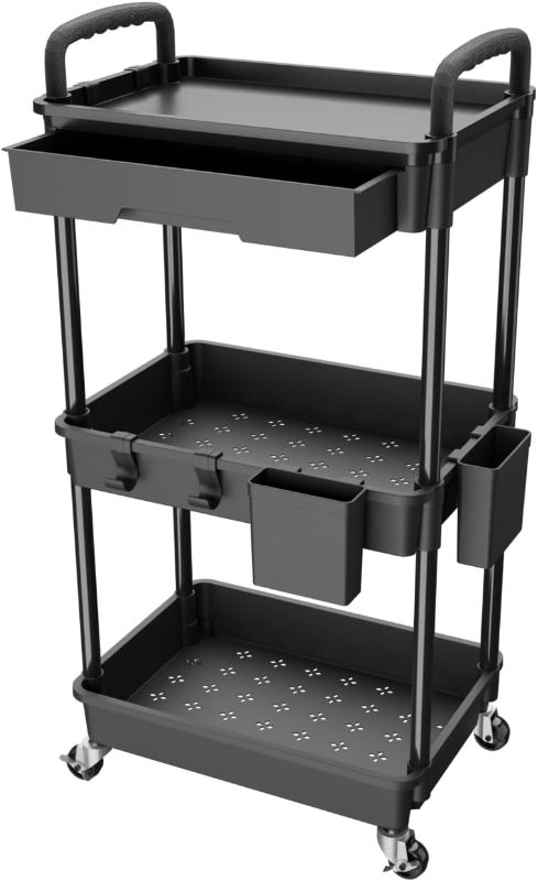 Photo 1 of 3 Tier Rolling Utility Cart with Drawer,REBECAT Utility Cart Made of Multifunctional Storage Organizer Tool for Kitchen,Bathroom,Living Room,Office(Black)