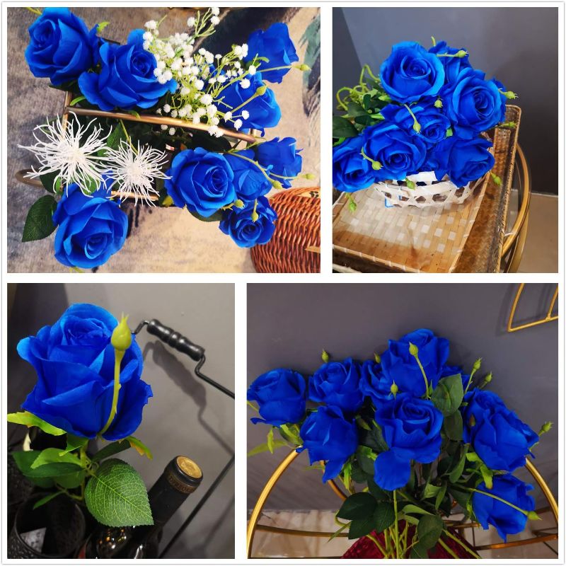 Photo 3 of 10pcs Royal Blue Silk Roses Artificial Rose Flowers Long Stem for DIY Wedding Bouquet Table Centerpiece Home Decor Wedding Party Garden- Exclusive Style…