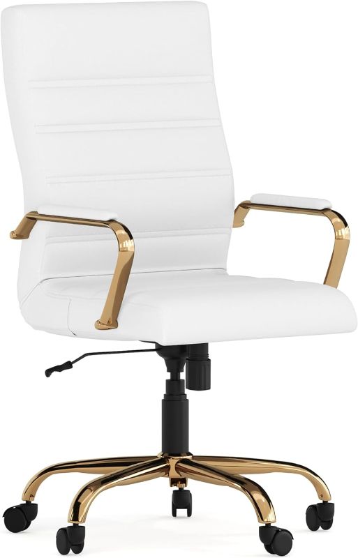 Photo 1 of Flash Furniture Whitney Mid-Back Swivel LeatherSoft Desk Chair with Padded Seat and Armrests, Adjustable Height Padded Office Chair, White/Gold