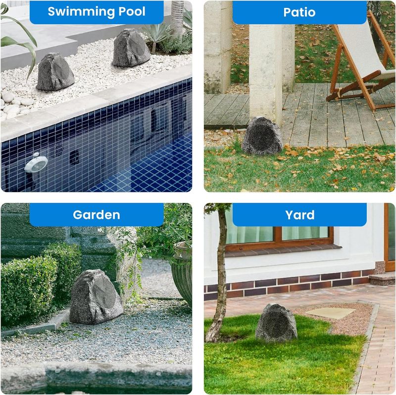 Photo 1 of Theater Solutions 2R8G Outdoor Granite 8" Rock 2 Speaker Set for Deck Pool Spa Yard Garden, Granite Grey