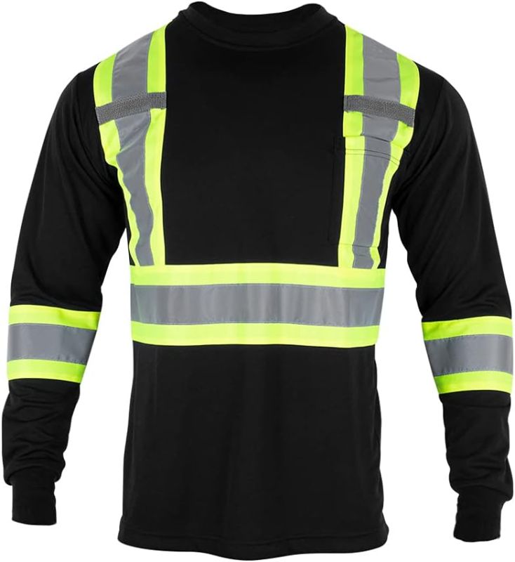 Photo 1 of Men's High Vis Safety Work T Shirt ANSI Class 2 Reflective Long Sleeve Shirt with Pocket(Black,M)
 
