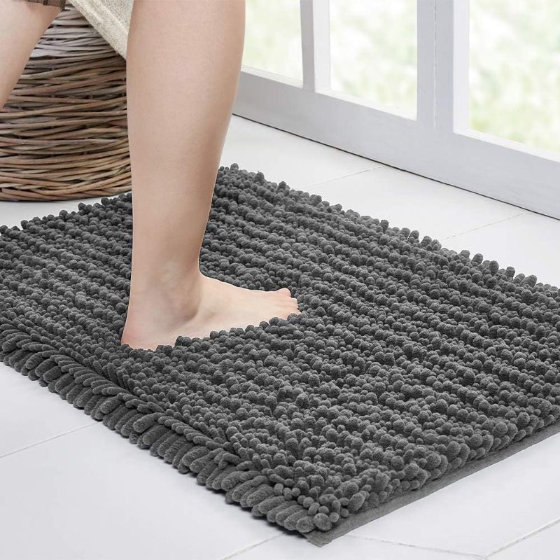 Photo 1 of  Bathroom Rug 24"×18", Non-Slip Bath Mat,Soft Cozy Shaggy Thick Chenille Bath Rugs for Bathroom,Plush Rugs for Bathtubs,Water Absorbent Rain Showers and Under The Sink (Dark Grey)