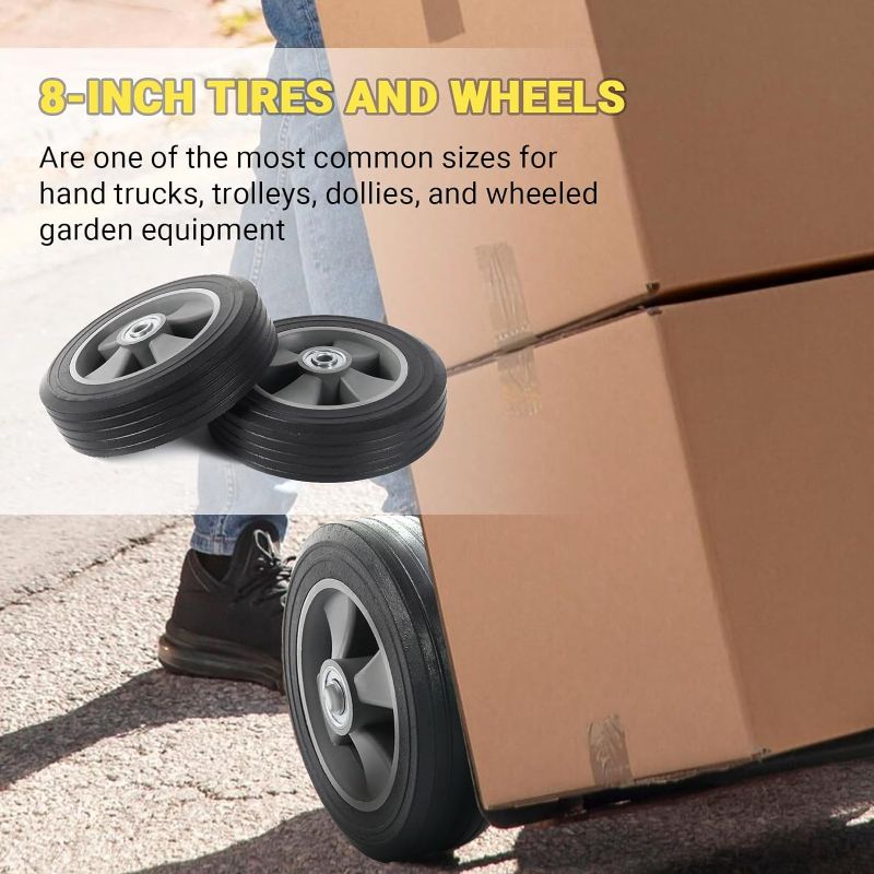 Photo 1 of (2-Pack) AR-PRO 8” x 2” Flat Free Solid Rubber Wheel Assemblies - Replacement Hand Truck Wheels with Ball Bearings and 1/2” Bore Hole Diameter - Heavy-Duty Solid Rubber Wheels 290 lbs Load Capacity 2 1/2"