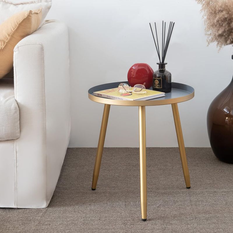 Photo 1 of AOJEZOR Round End Table Ideal for Any Room, Metal Structure Side Tables Great For Living Room, Bedroom, Indoor, Outdoor, Matte Gray Tray with 3 Gold Legs Accent
