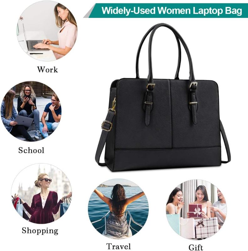 Photo 1 of Laptop Bag for Women Leather 15.6 Inch Laptop Work Tote for Computer Bag Waterproof Business Office Professional Large Capacity Handbag School Shoulder Bag Black