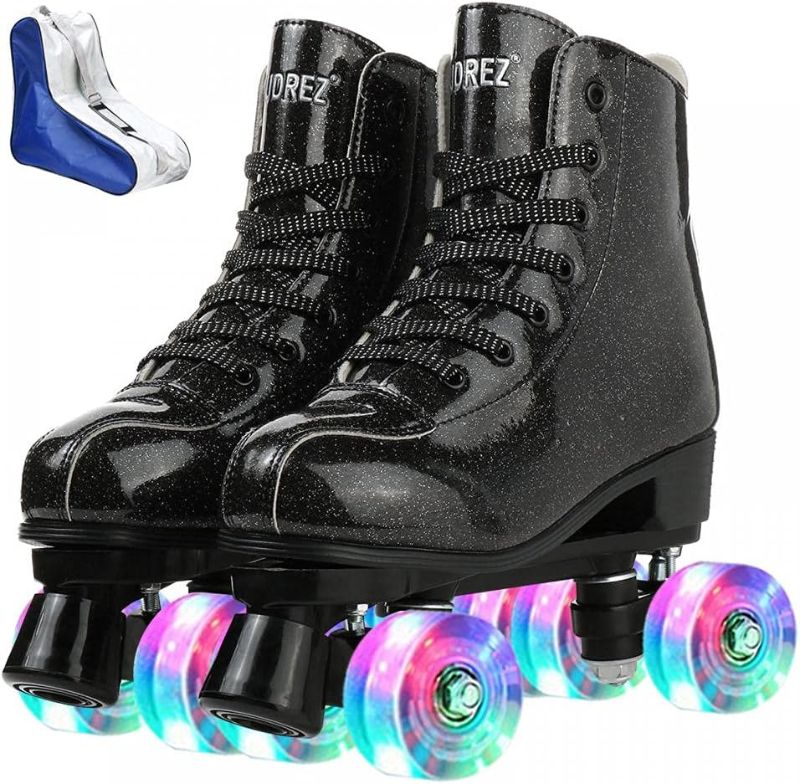 Photo 1 of Roller Skates for Women Men Shiny PU Leather High-top Roller Skate Shoes for Beginner Classic Double-Row Roller Skates, Indoor Outdoor Roller Skates
