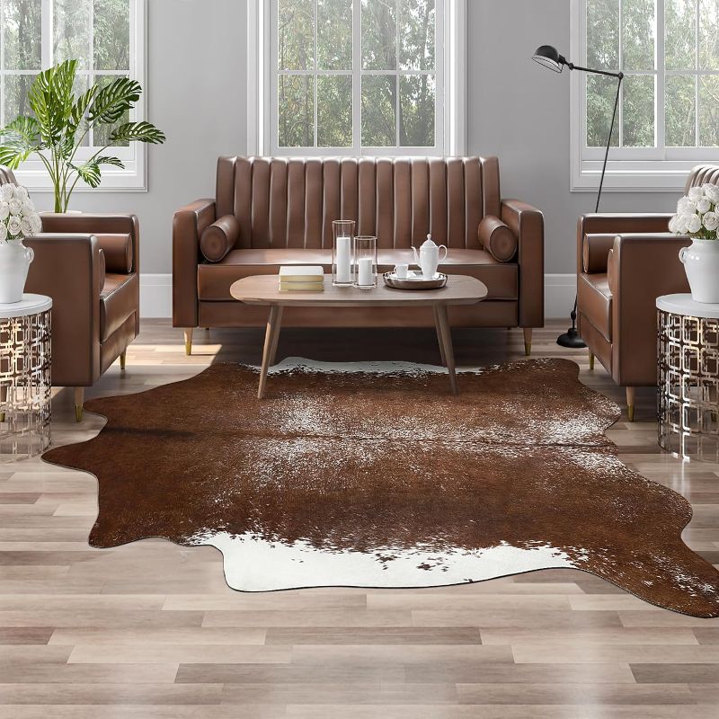 Photo 1 of AROGAN Premium Faux Cowhide Rug, Durable and Large Size Cow Print Rugs, Suitable for Bedroom Living Room Western Decor, Faux Fur Animal Cow Hide Carpet, (Saddle Brown, 158x140cm / 5.2x4.6 Feet) 62”×55“ / 5.2x4.6 ft Saddle Brown