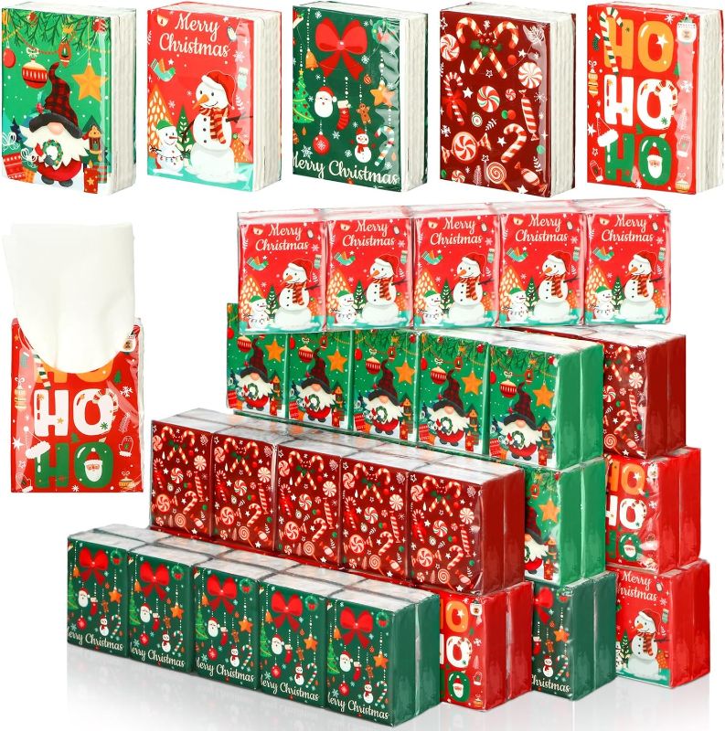 Photo 1 of 100 Pack Christmas Pocket Tissues Bulk Mini Tissues 3 Ply Individual Tissue Travel Size Christmas Pocket Tissues Packs for Christmas Winter Theme New Year Party Favors (Santa Claus)