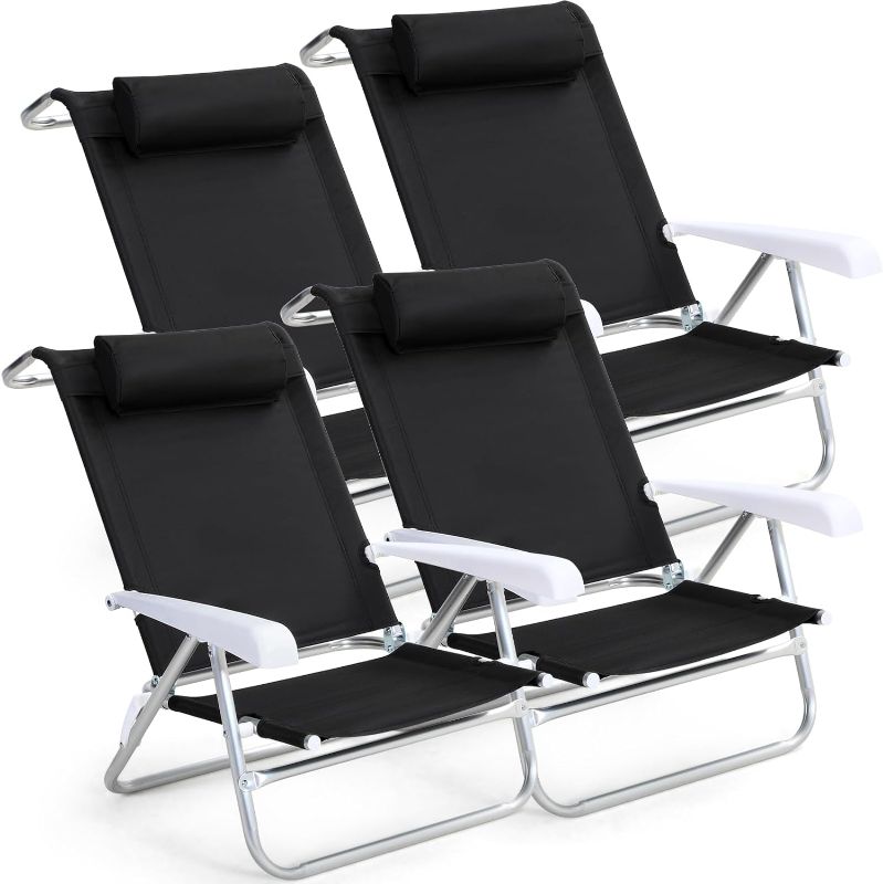 Photo 1 of 4 Pack Beach Chair for Adults Portable Camping Chair, Heavy Duty Beach Chair with 6 Adjustable Position Folding Lawn Chairs Outdoor Reclining Chairs for Sunbathing Travelling(Black)
