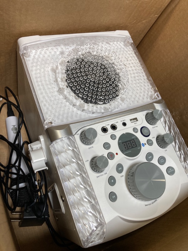 Photo 3 of *** FOR PARTS ONLY ** NO RETUNRS***
 Machine Portable Karaoke Machine for Adults & Kids with Wired Microphone, White - Built-In Speaker, Bluetooth with LED Disco Lights - Karaoke System with CD+G Player & USB Connectivity
