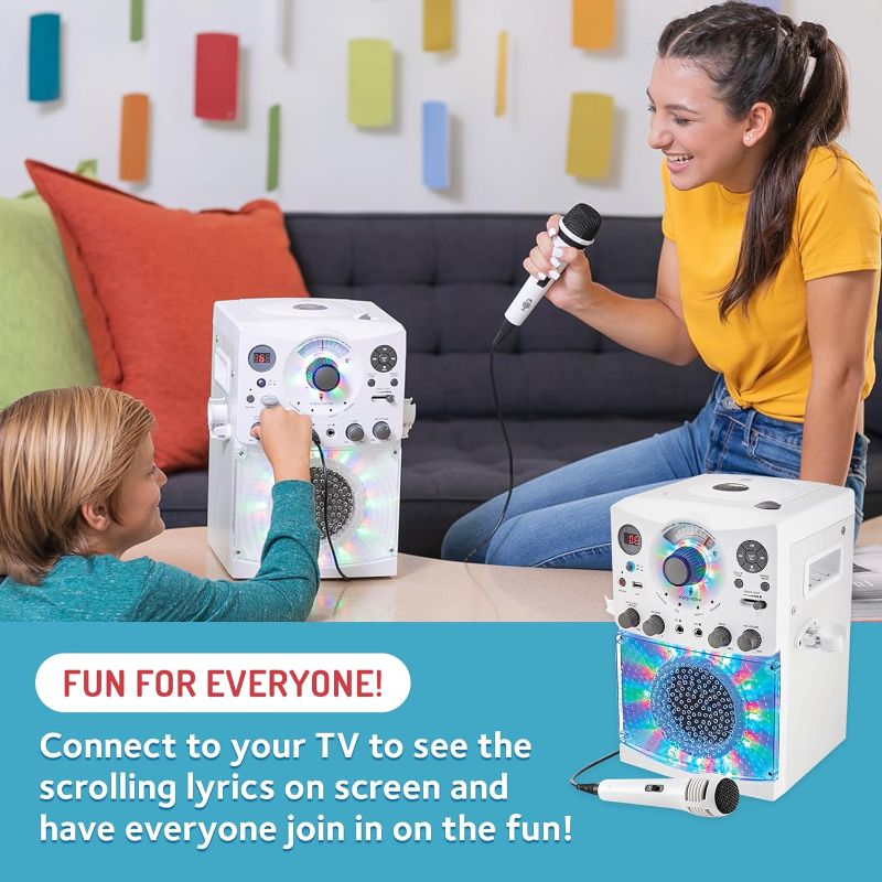 Photo 1 of *** FOR PARTS ONLY ** NO RETUNRS***
 Machine Portable Karaoke Machine for Adults & Kids with Wired Microphone, White - Built-In Speaker, Bluetooth with LED Disco Lights - Karaoke System with CD+G Player & USB Connectivity
