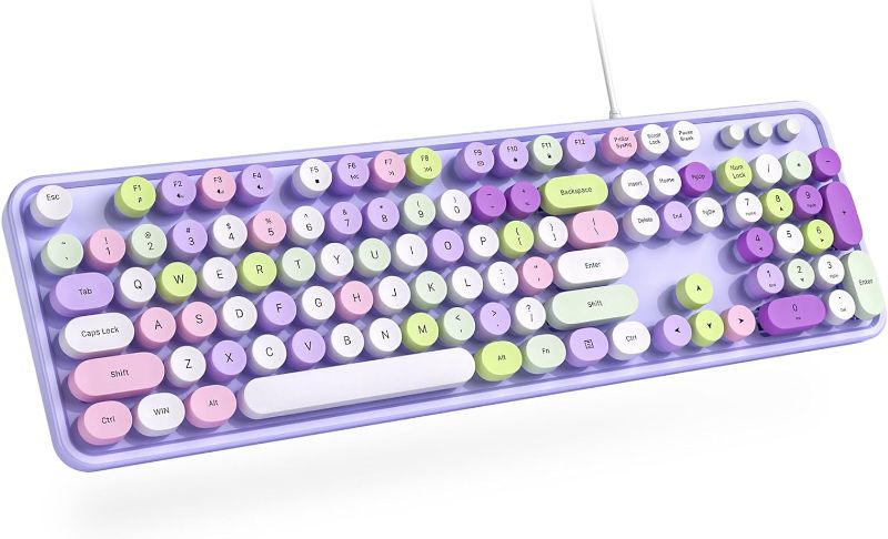 Photo 1 of Wired Keyboard, 104 Keys Full-Sized Typewriter Keyboards, USB Office Keyboard with Number Pad, Caps Indicators, Foldable Stands for Windows, PC, Laptop, Desktop (Purple Colorful)
