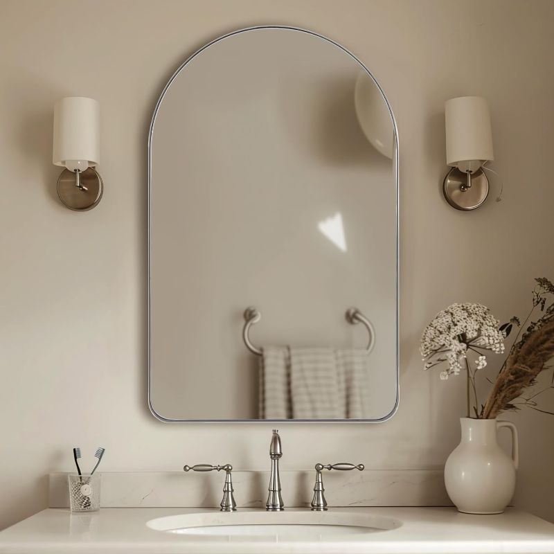 Photo 1 of ANDY STAR Chrome Mirror, 22" x 35" Arch Mirror in Stainless Steel Metal Frame, Chrome Arched Bathroom Mirror, Arch Top Rounded Corner 1" Deep Set Design Wall Mount Hangs Vertical
