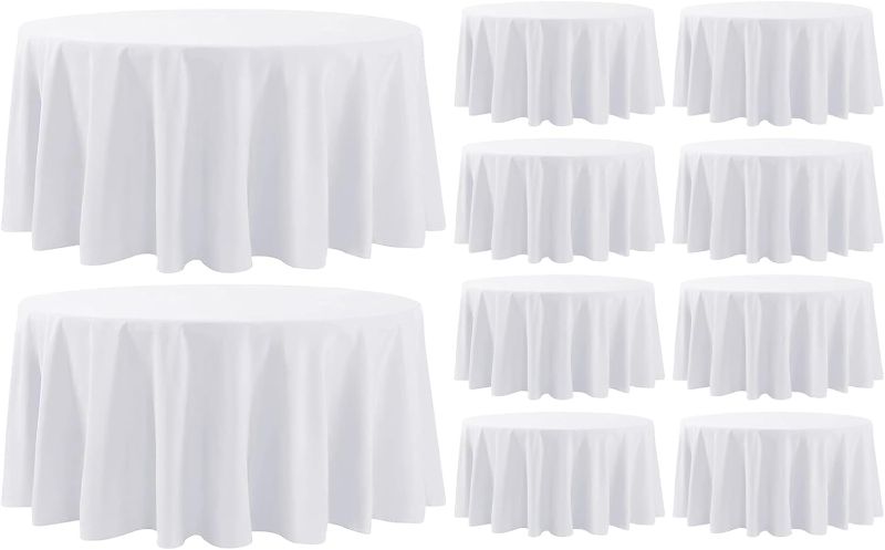 Photo 1 of  White Round Tablecloth  Tablecloths Stain Resistant Decorative Washable Polyester Table Cloth for Dining Table Banquets Buffet Parties and Wedding, Fits Square or Round Table
