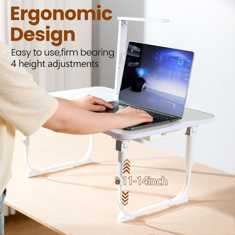 Photo 1 of Laptop Desk for Bed Lap Desk with LED Desk Light, Adjustable Tablet Bed Table with Foldable Legs Storage Drawer, Breakfast Serving Tray Folding Laptop Stand Reading Holder for Sofa Couch Floor (WHITE)
