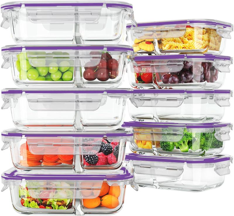 Photo 1 of 10 Pack Glass Meal Prep Containers 2 Compartment, Food Storage Containers with Lids, Airtight Glass Lunch Bento Boxes, BPA-Free & Leak Proof (10 lids & 10 Containers) - Purple
