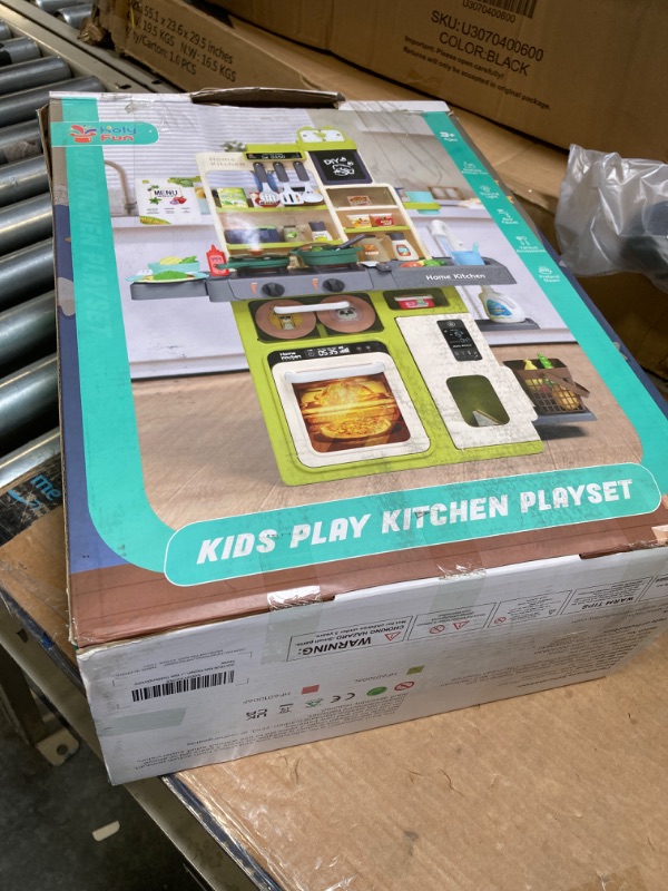 Photo 4 of HOLYFUN Kids Pretend Play Kitchen Set with Sounds, Lights, Cooking Stove, Sink, and Play Food - Toy Kitchen for Toddlers (Green)  *durty*
