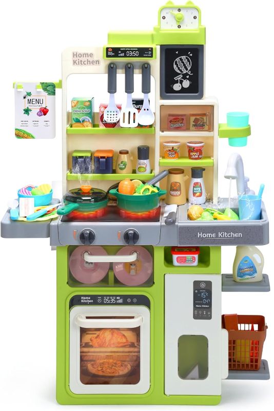 Photo 1 of HOLYFUN Kids Pretend Play Kitchen Set with Sounds, Lights, Cooking Stove, Sink, and Play Food - Toy Kitchen for Toddlers (Green)  *durty*
