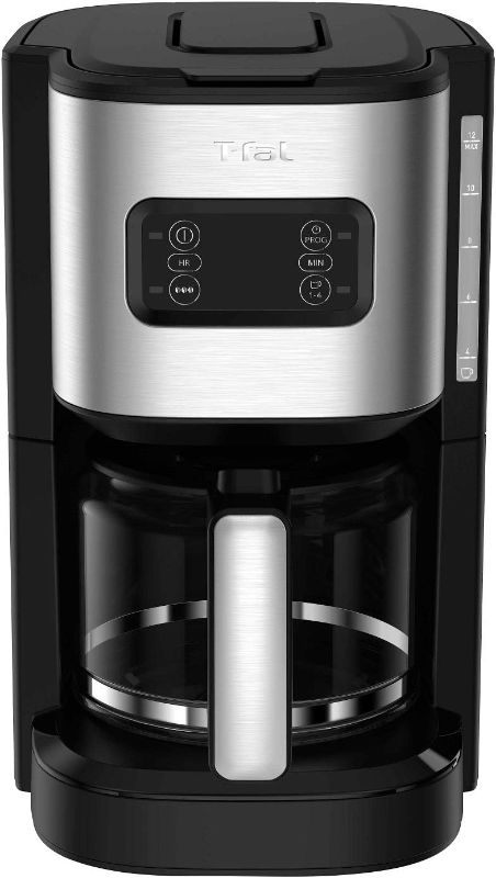 Photo 1 of T-fal Element Plastic and Stainless Steel Drip Coffee Machine 12 Cup Programmable, Reusable filter, Pause and Brew, Glass Carafe 1000 watts Coffer Maker, Filter machine, Cold Brew, Black
