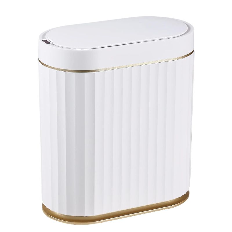 Photo 1 of ELPHECO Automatic Motion Sensor Trash Can - 2 Gallon Slimline for Bathroom, Bedroom, Kitchen, Office - White with Gold Trim
