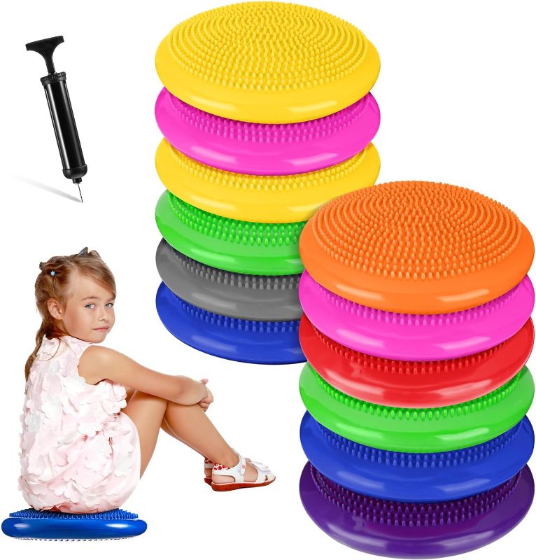 Photo 1 of Amylove 13 Pcs Inflated Wobble Cushion Pump Wiggle Seat for Sensory Kids Flexible Seating Exercise Balance Disc Sensory Chair Balance Boards for Office School Equipment, Pump Included
