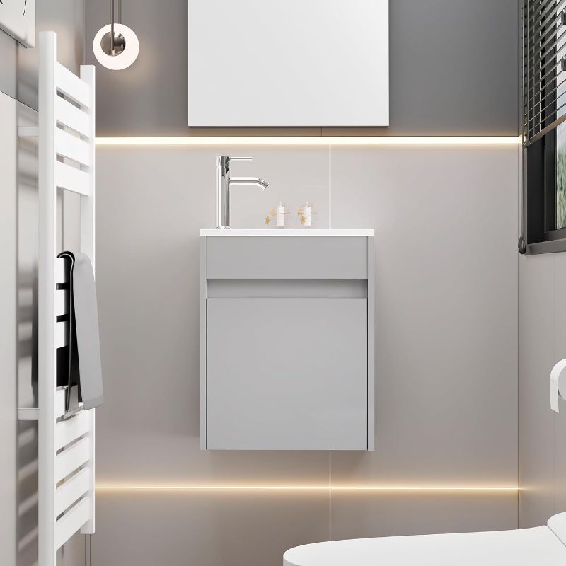 Photo 1 of B 16" Bathroom Vanity W/Sink Combo for Small Space, Wall Mounted Bathroom Cabinet Set with Chrome Faucet Pop Up Drain U Shape Drain(White))