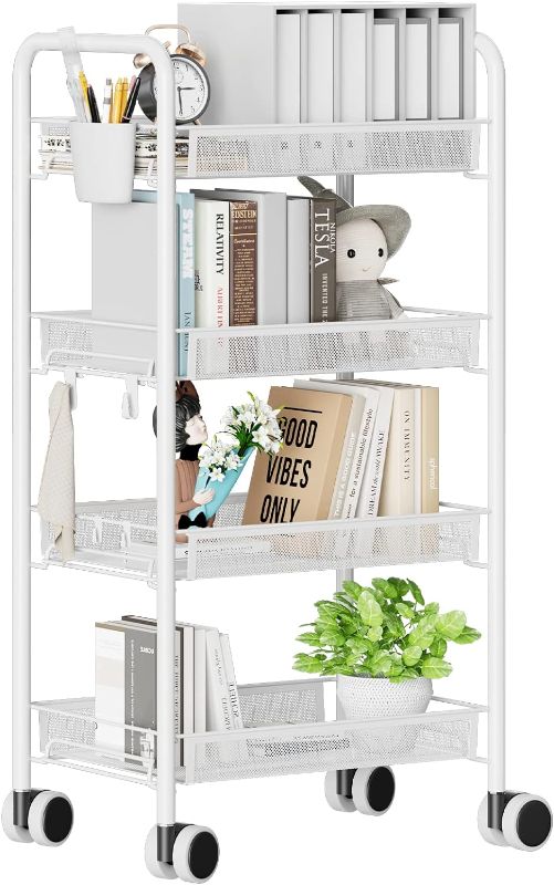 Photo 1 of 4-Tier Metal Rolling Cart on Wheels with Baskets, Easy Carry and Assemble Multifunction
