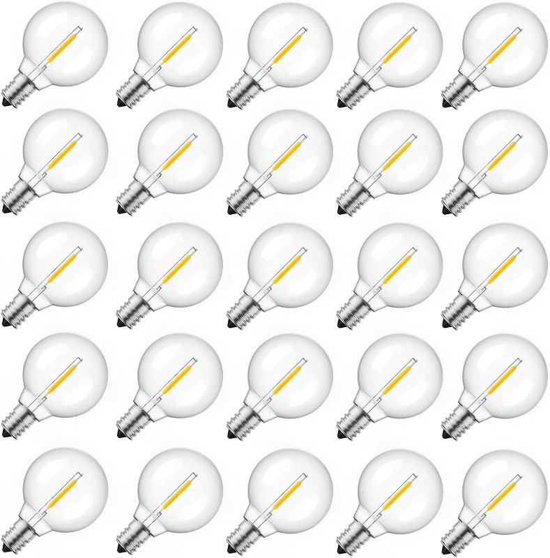 Photo 1 of G40 Led Replacement Light Bulbs 1W Shatterproof Globe Bulb fits E12 Candelabra Screw Base, 1.5 Inch Dimmable Light Bulbs for Indoor Outdoor String Lights, Patio Cafe Decor, Warm White, 25 Pack
