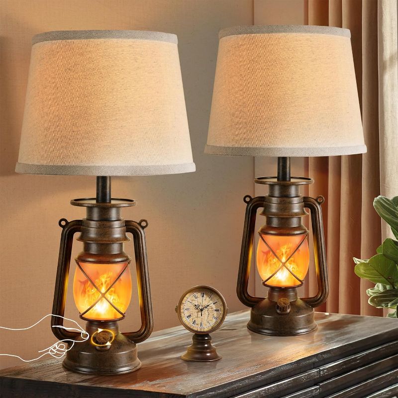 Photo 1 of  LED Vintage Lantern Flickering Flame Table Lamps for Bedrooms Set of 2, Small Farmhouse Rustic Vintage End Table Lamps, Halloween Decorative Lantern Bedside Lamps for Living Room**similar item**