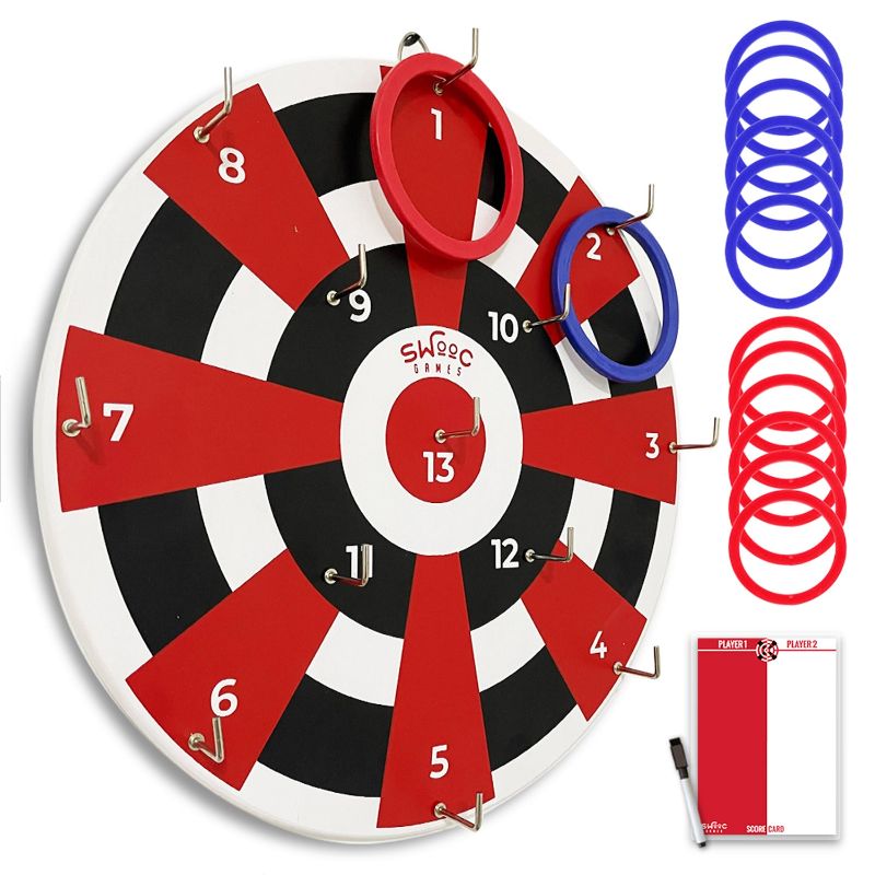 Photo 1 of Hook Darts Ring Toss Game - Wood Board and Soft Rings - 20 Plus Games Included for Kids and Adults - Dart Board Games
