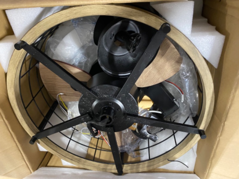 Photo 3 of **** SELLING AS PARTS*****
 Wood Farmhouse Ceiling Fan - Caged Ceiling Fan with Light and Remote Control, Rustic Ceiling Fan with 3 blades, Small Enclosed Revrersible Ceiling Fans for Farmhouse.