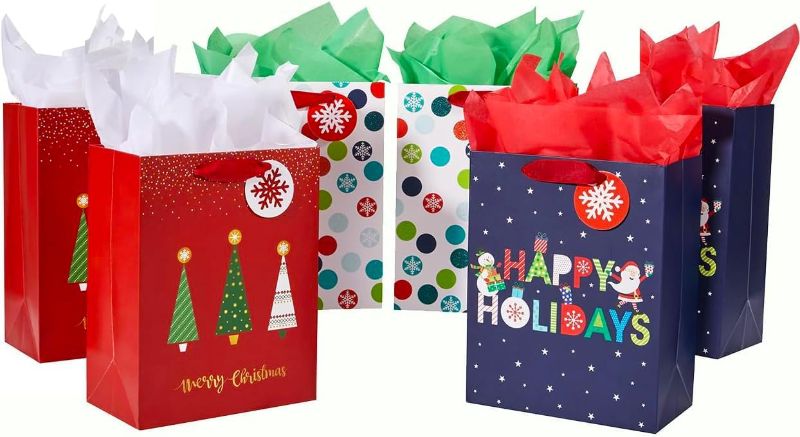 Photo 1 of  Christmas Gift Boxes-Small Christmas Bags,6 Premium Design Assorted Colors Xmas Theme Reusable Holiday Gift Bags for Holiday Presents Treats Candies Cookie Small Gifts