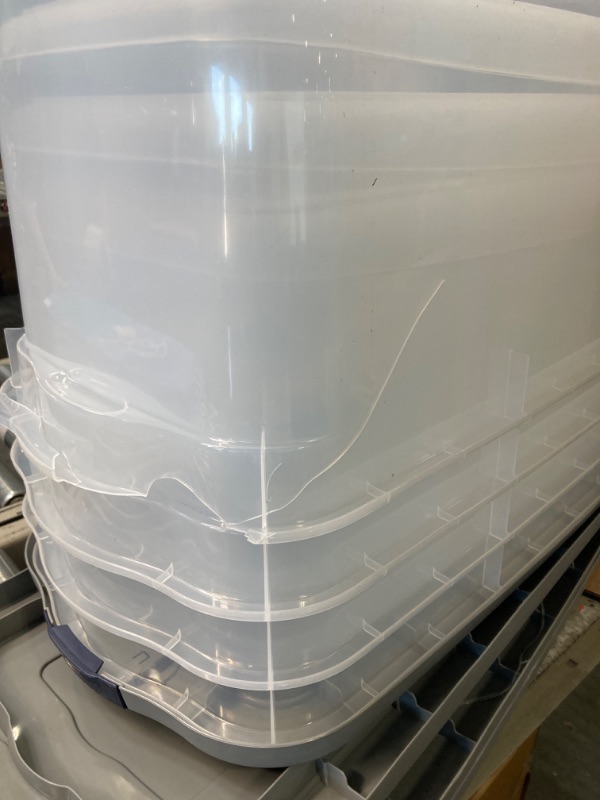 Photo 2 of **cracked unit**Rubbermaid Roughneck Clear 95 Qt/23.75 Gal Storage Containers, Pack of 4 with Latching Grey Lids, Visible Base, Sturdy and Stackable, Great for Storage and Organization Snap-Fit Lids 95 Qt - 4 Pack