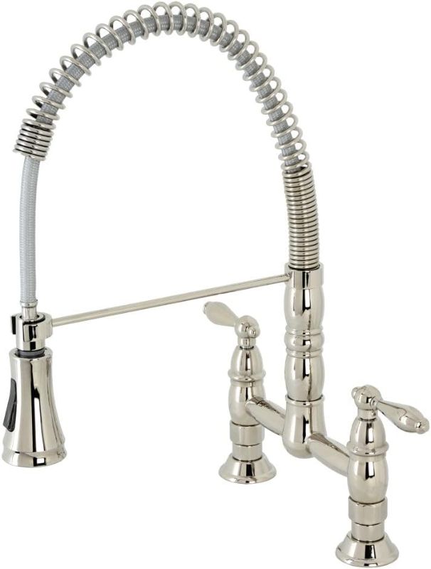 Photo 1 of ***USED*** KINGSTON BRASS - GS1248PL - GOURMETIER HERITAGE TWO-HANDLE WALL-MOUNT PULL-DOWN SPRAYER KITCHEN FAUCET, BRUSHED NICKEL
