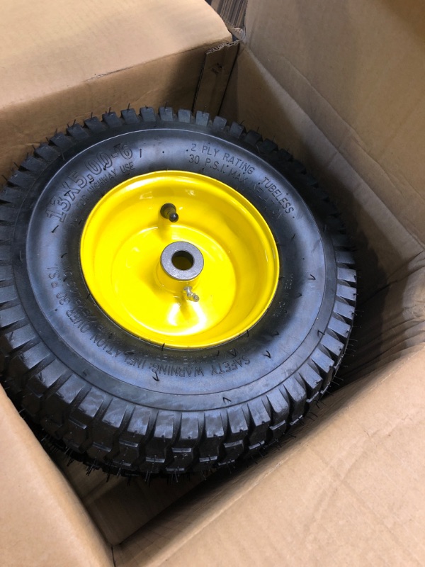 Photo 3 of 13x5.00-6 Tire and Wheel Assembly (2-Pack), Tubeless Lawn Mower Tire with Rim, with 3/4” Bushings and 3” Centered Hub Length 13x5.00-6 Tubeless Yellow