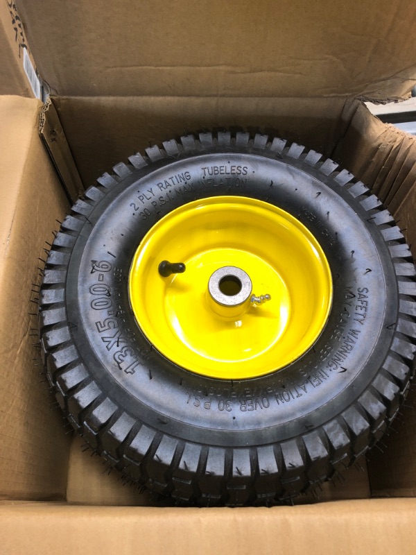 Photo 2 of 13x5.00-6 Tire and Wheel Assembly (2-Pack), Tubeless Lawn Mower Tire with Rim, with 3/4” Bushings and 3” Centered Hub Length 13x5.00-6 Tubeless Yellow