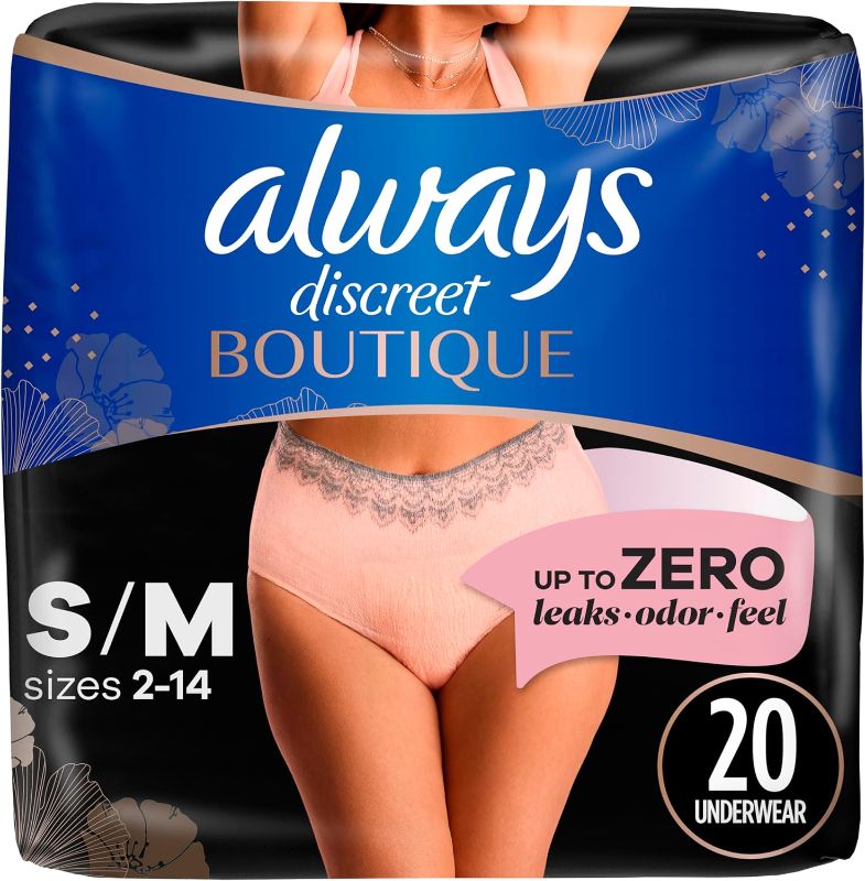 Photo 1 of Always Discreet Boutique Adult Incontinence & Postpartum Underwear For Women, High-Rise, Size Small/Medium, Rosy, Maximum Absorbency, Disposable, 20 Count