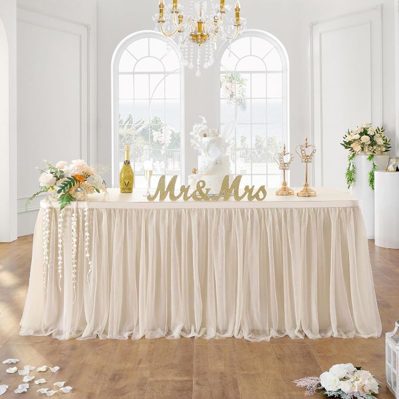 Photo 1 of ****USED** Champagne Gold Tulle Table Skirts L108in/9ft×H30in for 4ft/6ft/8ft Rectangle Round Oval Tables,Beige Tutu Table Skirt Cloth for Wedding Birthday Party Baby Shower Dessert Table (No Table Top Cover)