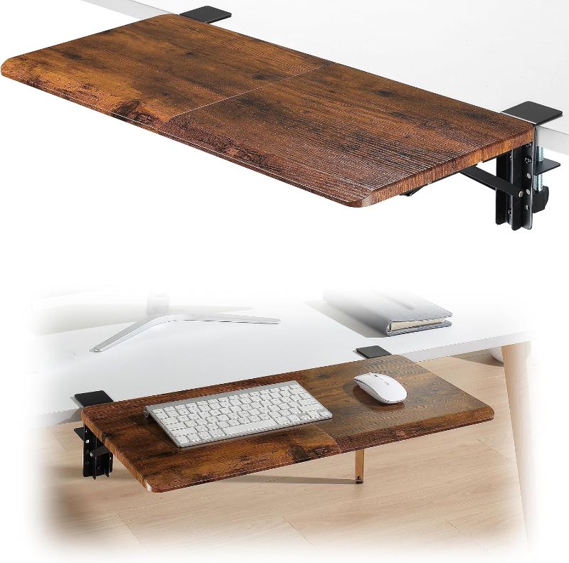 Photo 1 of Ergonomics Desk Extender Tray, 26.7"x11.4" Large Size Foldable Keyboard Drawer Tray Clamp On, Armrest Support for Home and Office (Wood) Wood 26.7"x11.4"