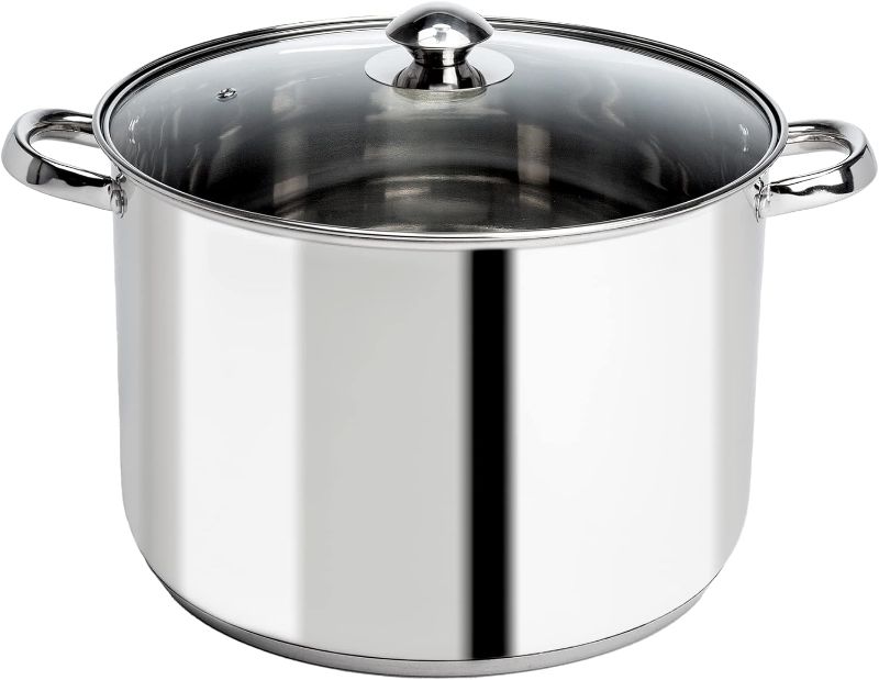 Photo 1 of ****USED*** Ecolution Stainless Steel Stock Pot with Encapsulated Bottom Matching Tempered Glass Steam Vented Lids, Made Without PFOA, Dishwasher Safe, 12-Quart, Silver
