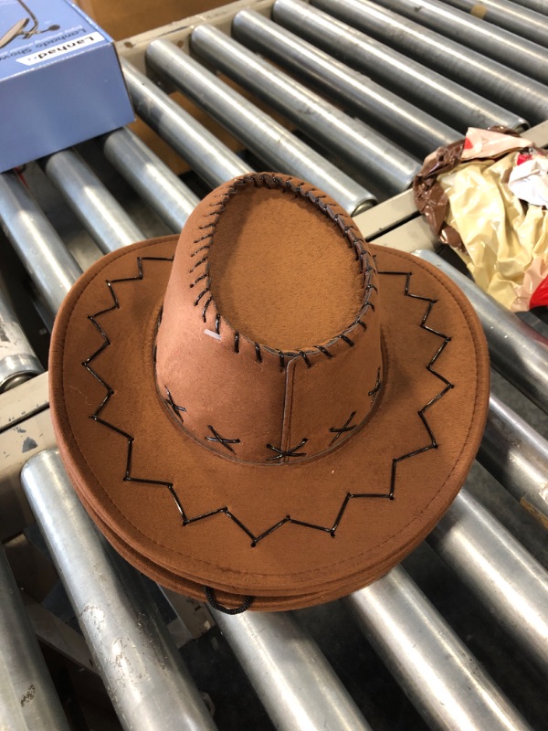 Photo 1 of 18 Pcs Kids Cowboy Hats with Bandana and Inflatable Stick Horse Set Include 6 Cowboy Hat 6 Bandana 6 Stick Horse Brown, Red