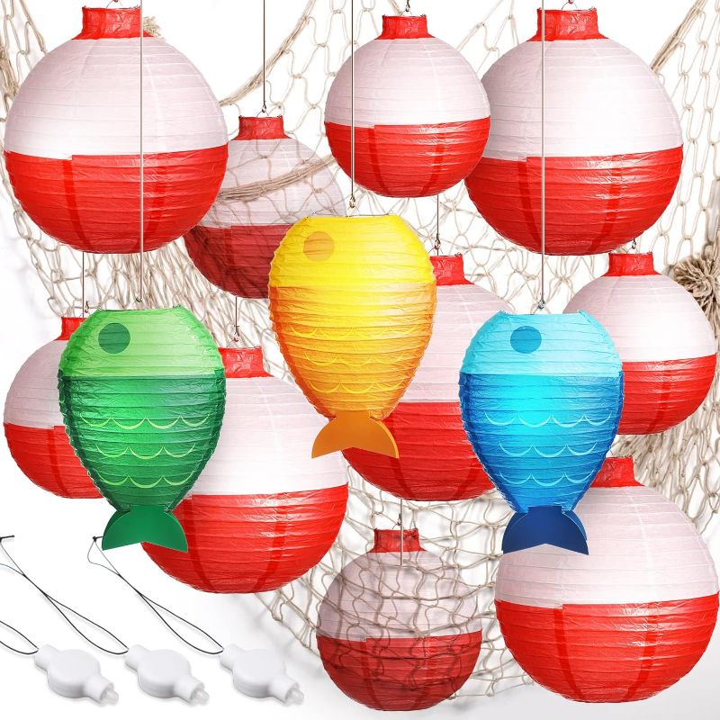 Photo 1 of 17 Pcs Fishing Birthday Party Decorations Set 3 Fish Shaped Hanging Paper Lanterns 10 Fishing Bobber Round Paper Lanterns 1 Fish Net and 3 LED Lights for Fishermen Themed Pool Party Decorations