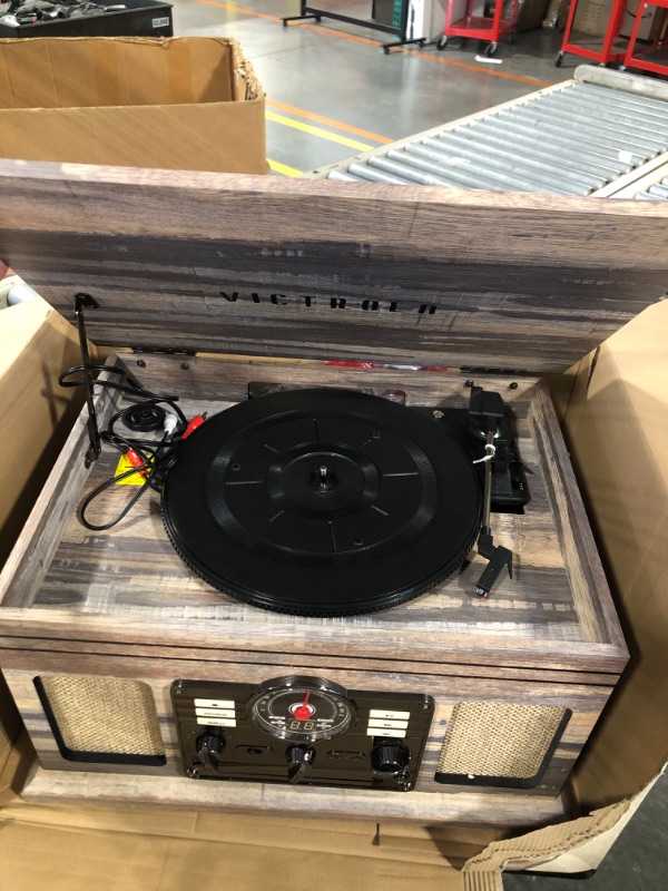 Photo 4 of ****USED** Victrola Nostalgic 6-in-1 Bluetooth Record Player & Multimedia Center with Built-in Speakers - 3-Speed Turntable & 3 Pack Turntable Replacement Needles for Various Victrola Record Players, White Farmhouse Shiplap Grey Record Player + 3 Pack Rep