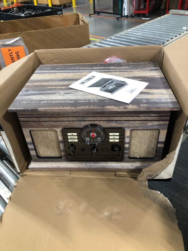 Photo 3 of ****USED** Victrola Nostalgic 6-in-1 Bluetooth Record Player & Multimedia Center with Built-in Speakers - 3-Speed Turntable & 3 Pack Turntable Replacement Needles for Various Victrola Record Players, White Farmhouse Shiplap Grey Record Player + 3 Pack Rep