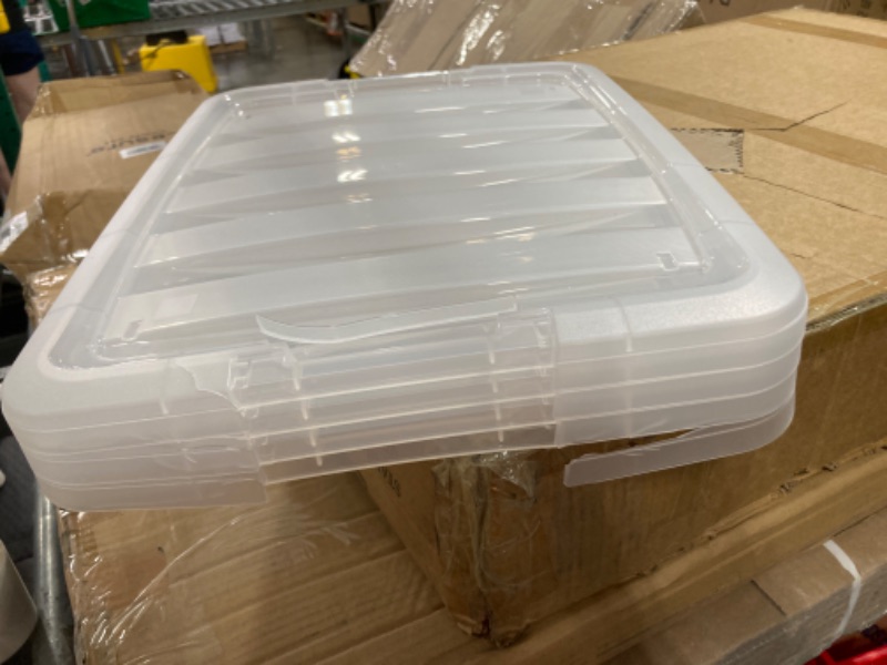 Photo 1 of ***LIDS DAMAGED*** 
IRIS USA 32 Qt Stackable Plastic Storage Bins with Lids, 4 Pack - BPA-Free, Made in USA - Discreet Organizing Solution, Latches, Durable Nestable Containers, Secure Pull Handle - Pearl